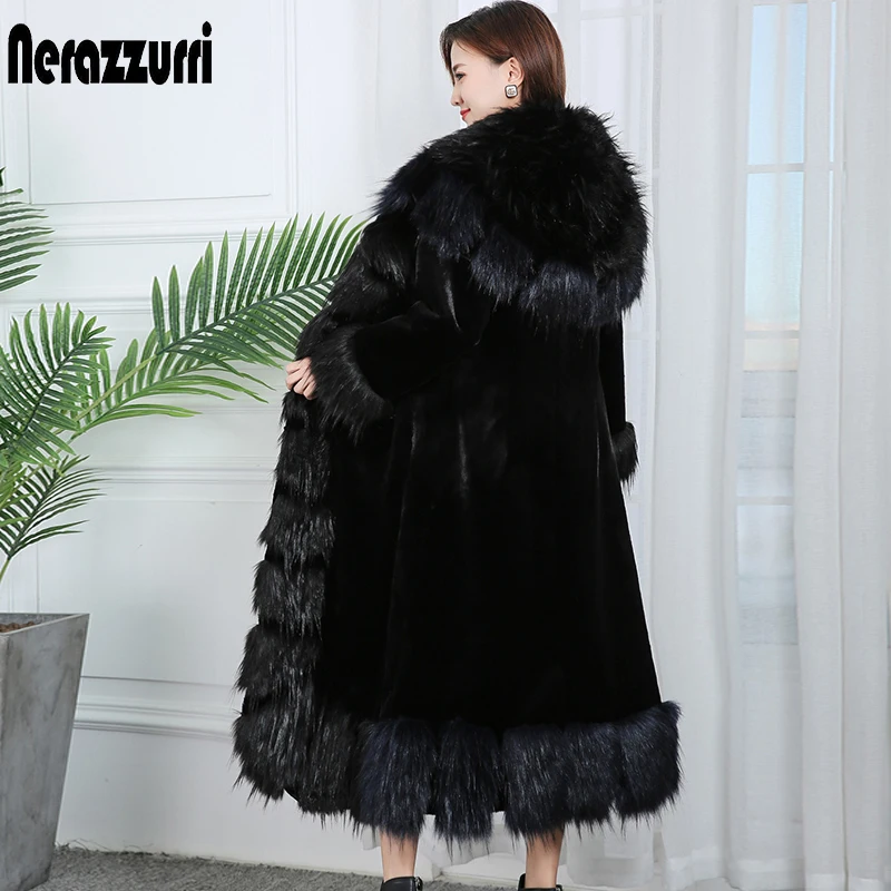 Nerazzurri Winter Long Warm Elegant Purple Fluffy Faux Fur Coats for Women Thick Black European Style Fashion with Fox Fur Trim