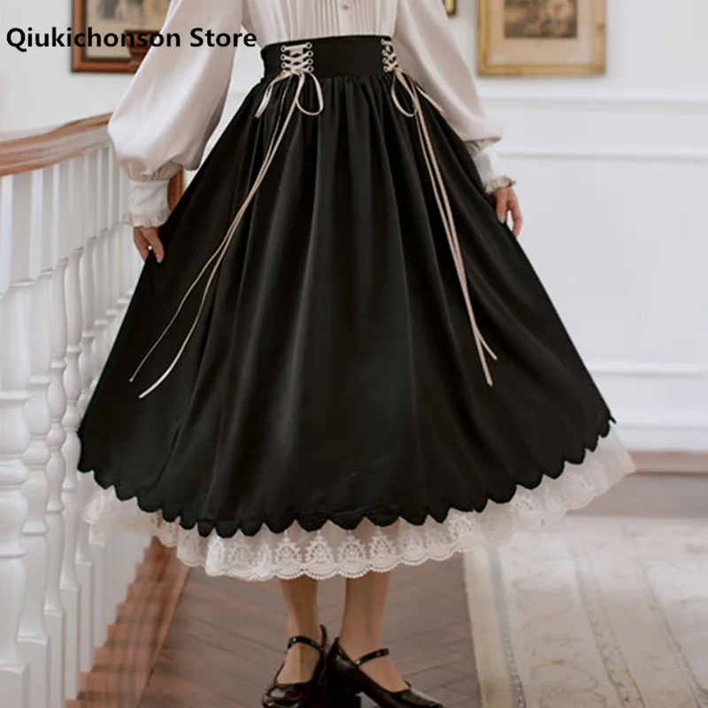 Jesień Zima Kobiety Midi Długa Spódnica Vintage Mori Girl Sznurowana Wysoka Talia A-Line Plisowane Śliczne Koronkowe Szwy Ruffle Lolita Spódnice