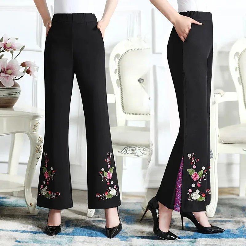 

Women Floral Embroidered Long Pants Spring Summer Casual High Waist Flare Pant Mid-aged Mother Large Size Square dance Trousers