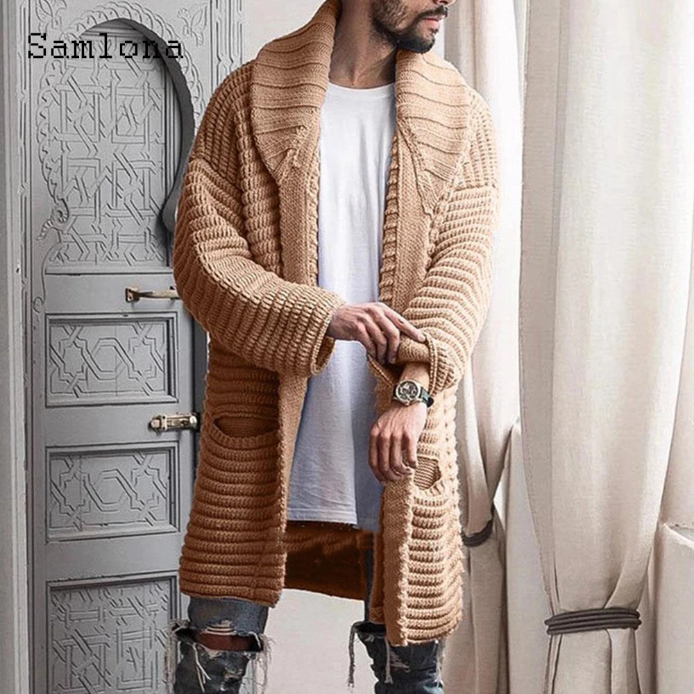 Samlona-Cardigan patchwork pour homme, pull long, design de poche, grande taille 4XL, automne, hiver, nouveau, 2021