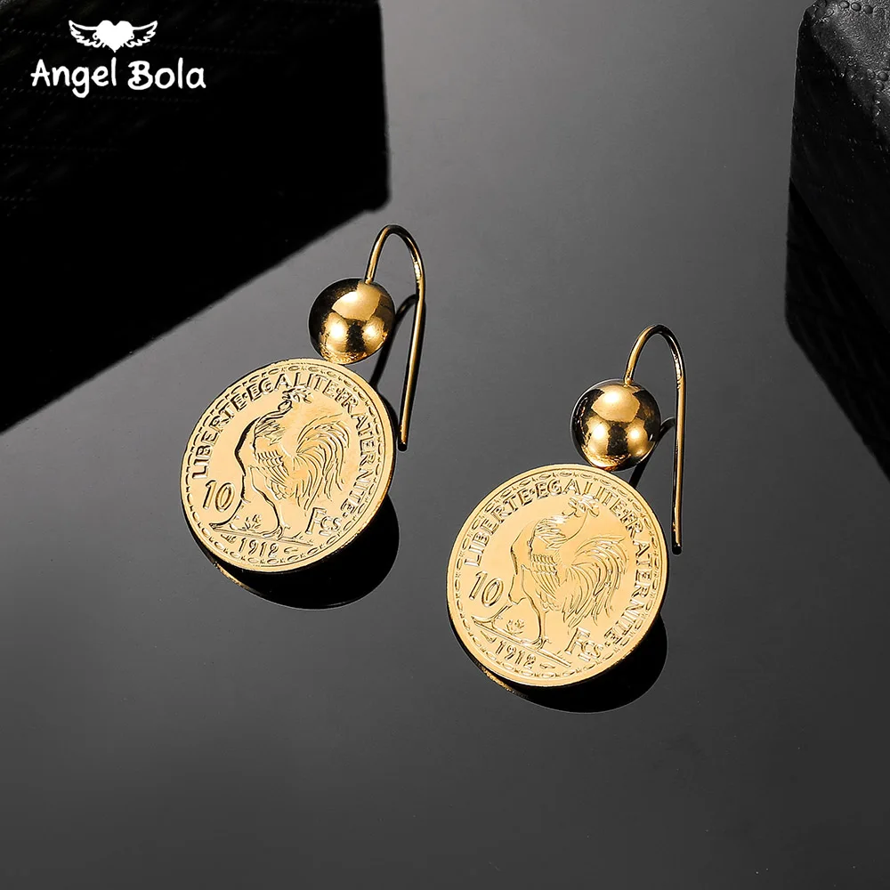 Vintage Engraved Coin Drop Dangle Earrings for Women 10 Franc Coin Round Pendant Earring Pendientes Drop Shipping