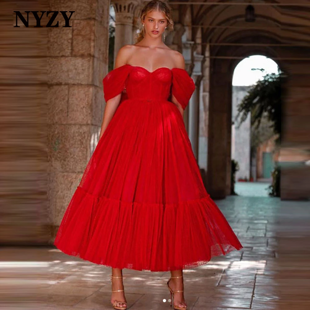 P135 NYZY Vintage Off the Shoulder Red Dots Tulle Prom Dresses 2021 Short Evening Gowns Wedding Party Dress Cocktail Homecoming