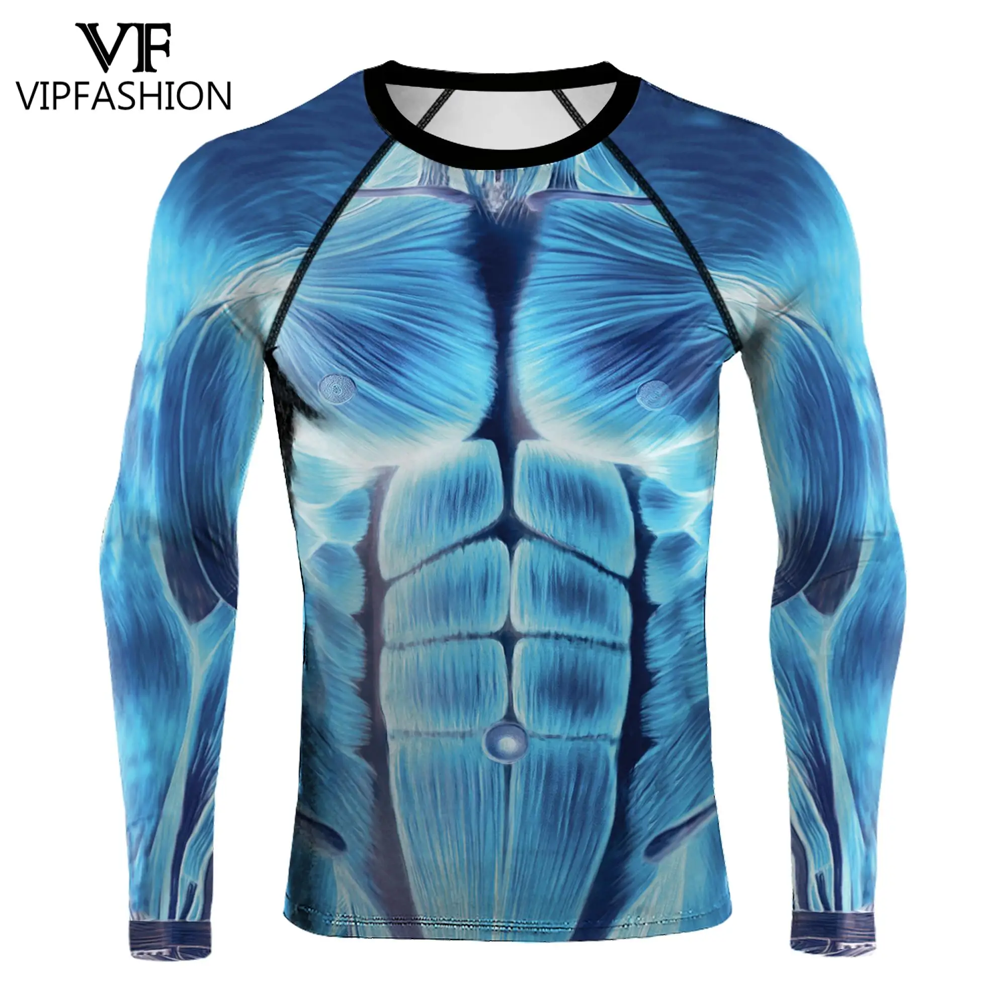 VIP FASHION-Camiseta deportiva de manga larga con cuello redondo para hombre, Camisa ajustada de entrenamiento con estampado 3D, informal, a la moda