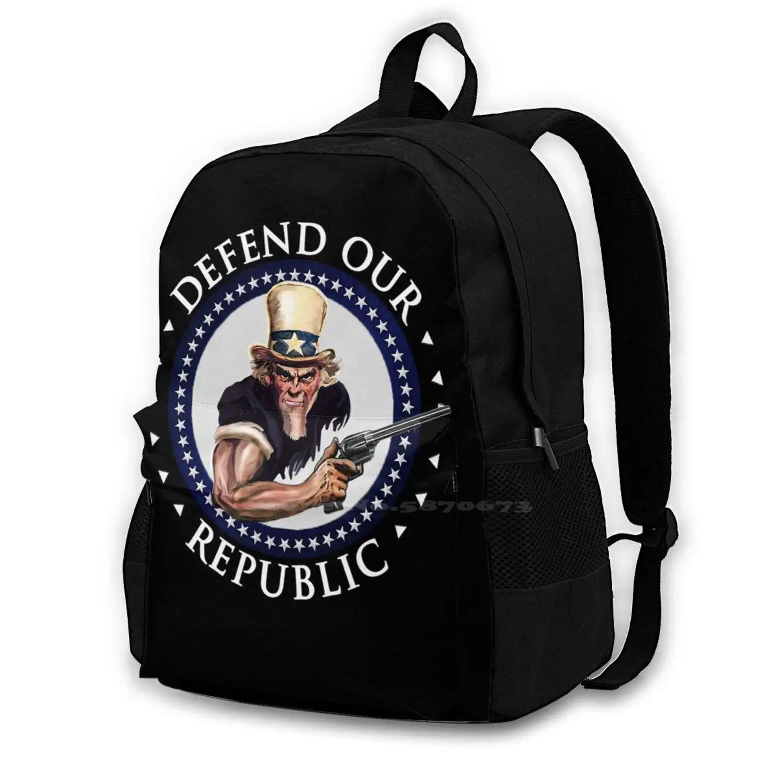 Defend Our Republic-Uncle Sam With Hand Gun / Firearm / White Text Women Men Teens Laptop Travel School Bags National A