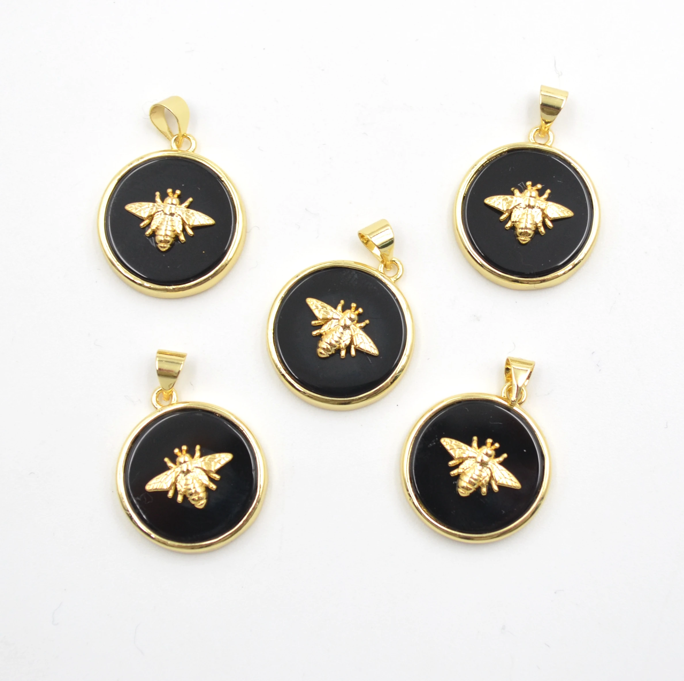 

Round black obsidian pendants with gold electroplated insect paved, obsidian charms for jewelry making