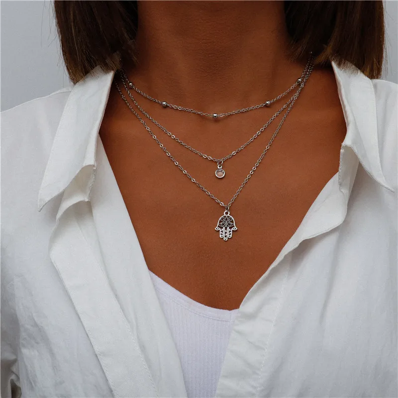 Vintage Mehrschichtige Mond-Münzen-Hamsa-Hand-Kettenhalsketten für Frauen, Boho Elefanten-Herzen-Anhänger Halsketten Schmuck – Detail 26