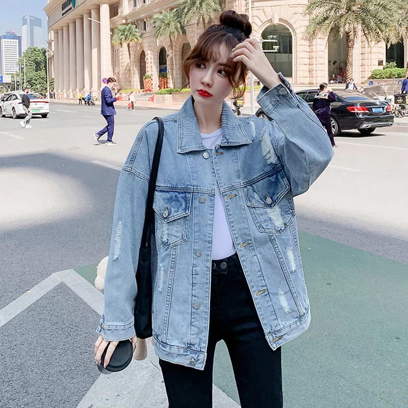 Năm 2022 Thời Trang Mới Khủng Long In Họa Tiết Dài Áo Khoác Denim Femme Áo Khoác Nữ Vintage DạO Phố Phong Cách Rời Áo Khoác Jean