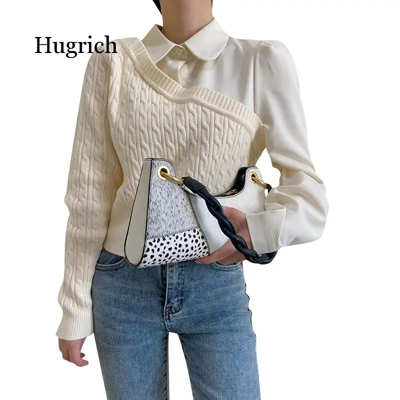 Stitching Knitted Shirt Autumn and Winter New Simple Fake Two Pieces of Doll Collar 2021 Design Sense Top