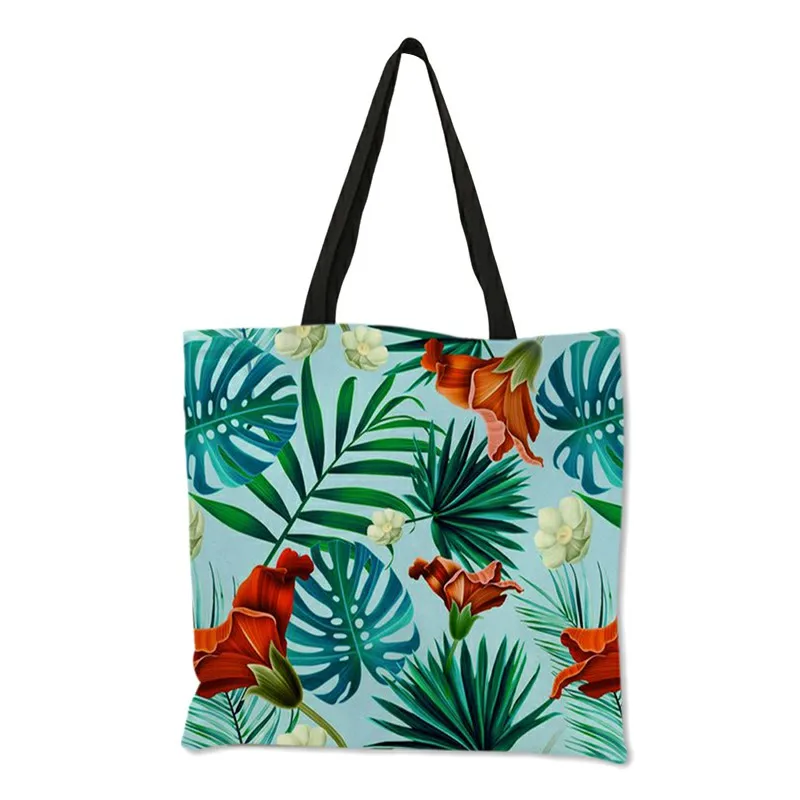 Flesh Style Women Totes Tropical Green Plant Leaves Prints Hand Bags Eco Linen Girls School Office Decorative Shoulder Bag