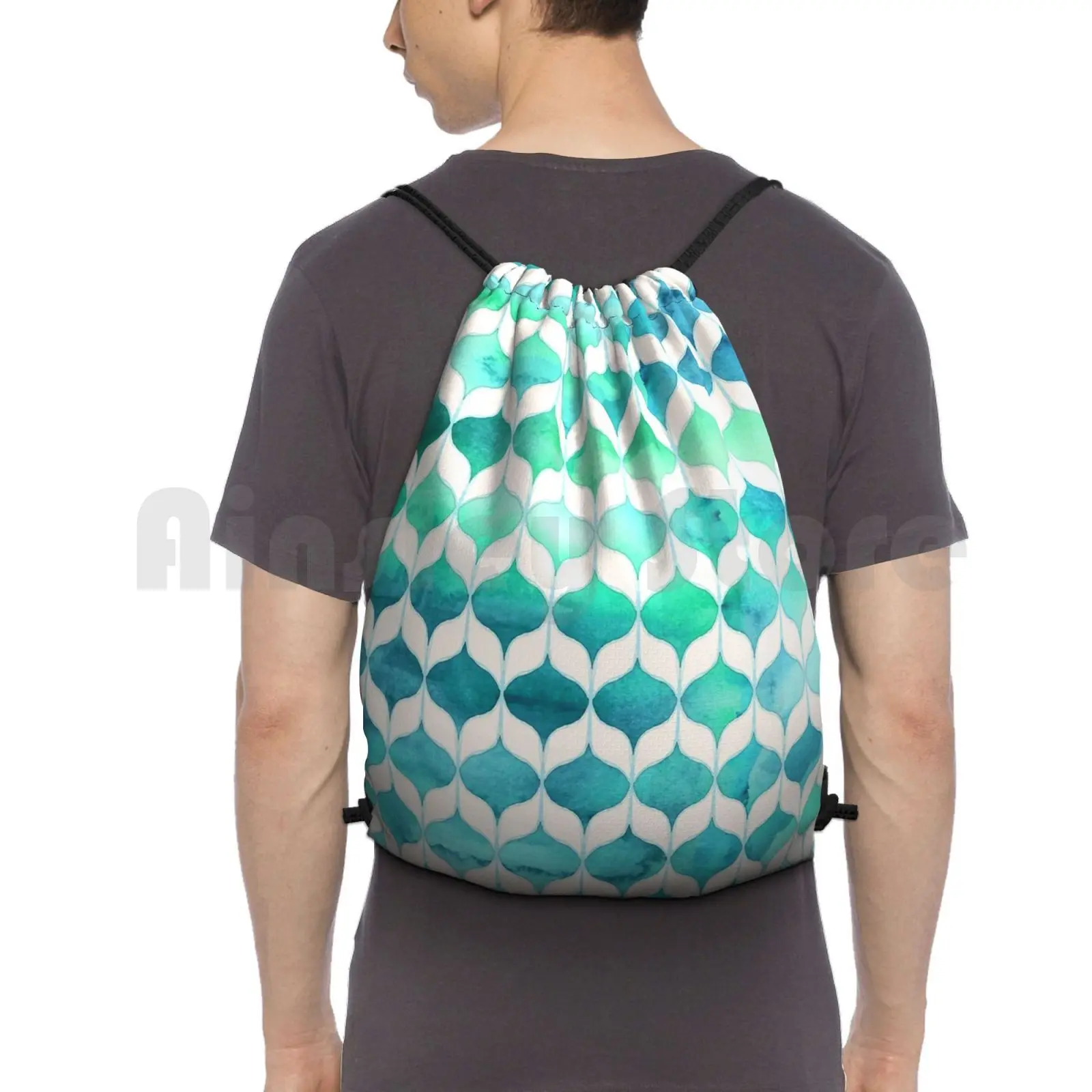 

Ocean Rhythms And Mermaids Tails Backpack Drawstring Bag Riding Climbing Gym Bag Blue Aqua Teal Watercolor Pattern Patterns