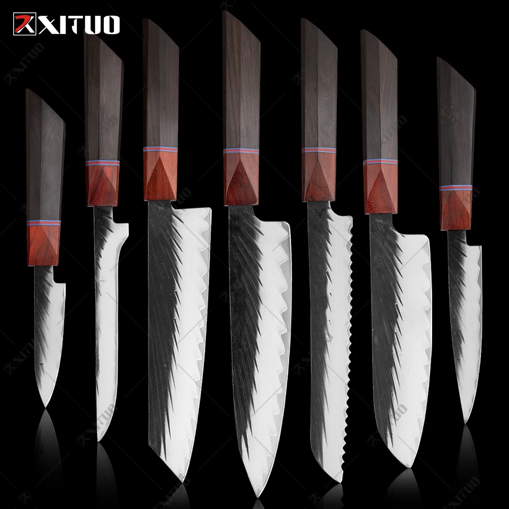 XITUO Handmade Knife Set 1-7PCS Japanese Three-layer clad steel Black Sandalwood Handle Chef knives Slicing Santoku knife