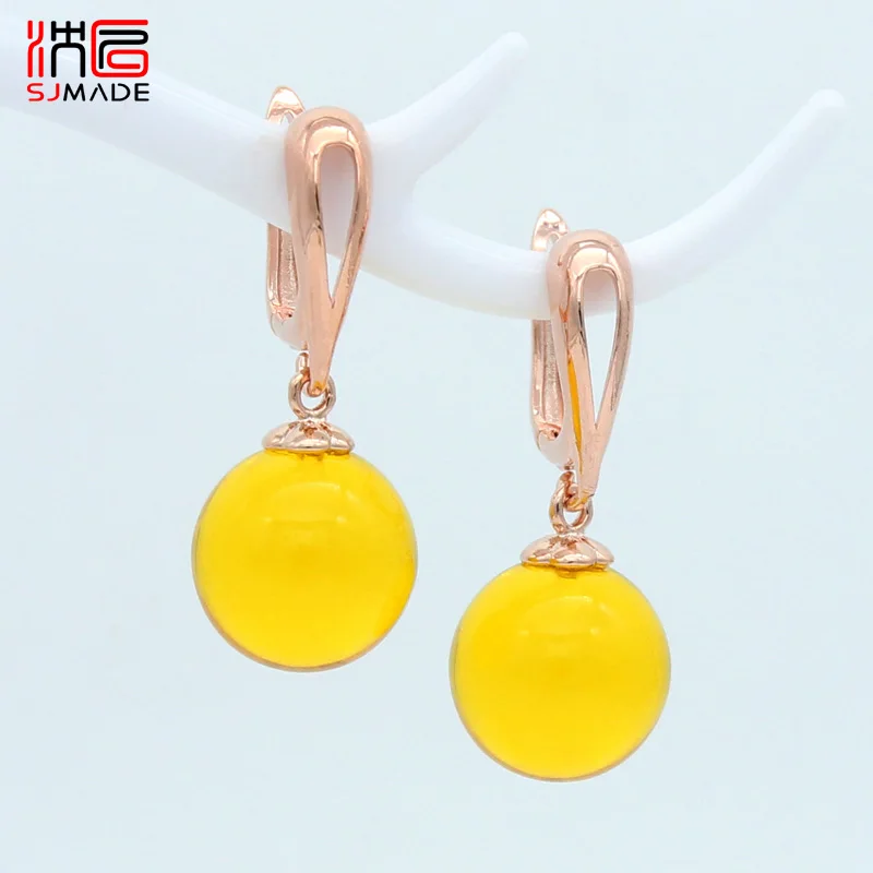 SHENJIANG New Fashion Round Synthesis Ambers Dangle Earrings For Women Girl Wedding 585 Rose Gold Color Eardrop