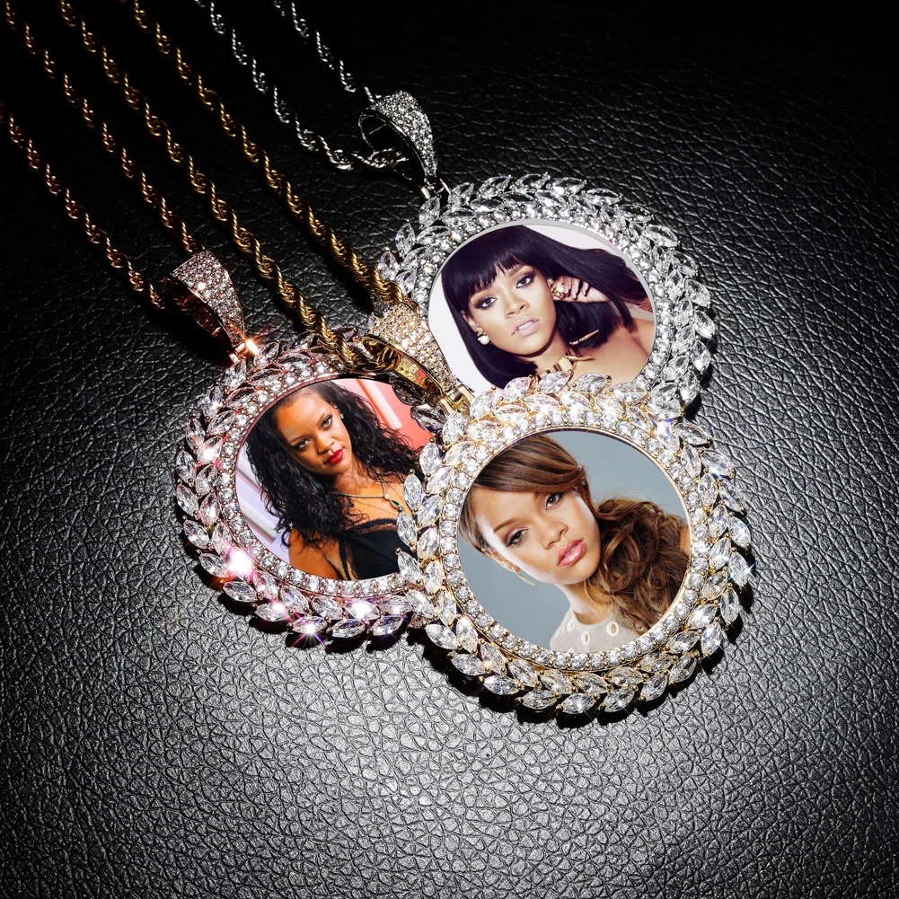 

JINAO NEW Custom Ice out Leaf Design Photo Round Necklace & Pendant With 4mmTennis Chain AAA Cubic Zircon Hip hop Jewelry