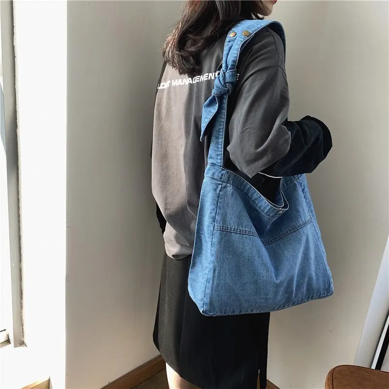 Jeans Bag Wide Shoulder Strap Denim Tote Bag Casual Handbag For Women Designer Simple Shoulder Bags Soild Crossbody Bag 2021 New