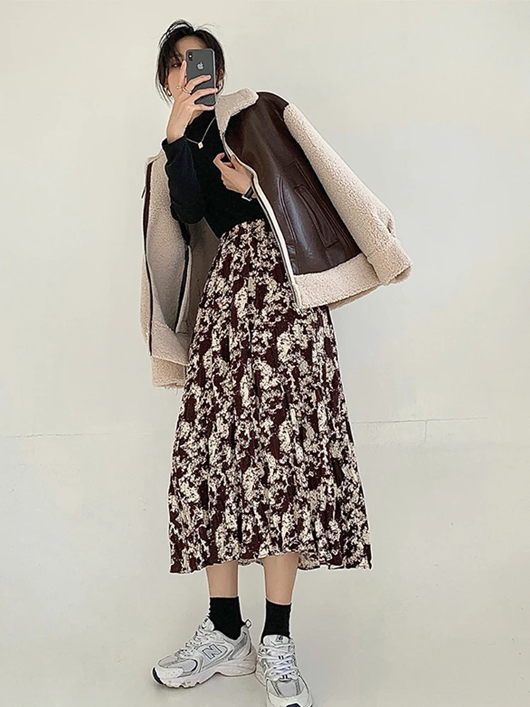 Spring Autumn Women Long Skirt Vintage Print skirt korean style Tie-dye ink High waist A-line Fashion Casual kobieta spódnice