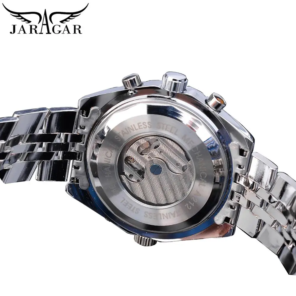 Jaragar-White Dial Automatic Watch, Calendário Completo, Aço Inoxidável Prata, Luminous Business Sport, Data Mecânica Relógio de Pulso