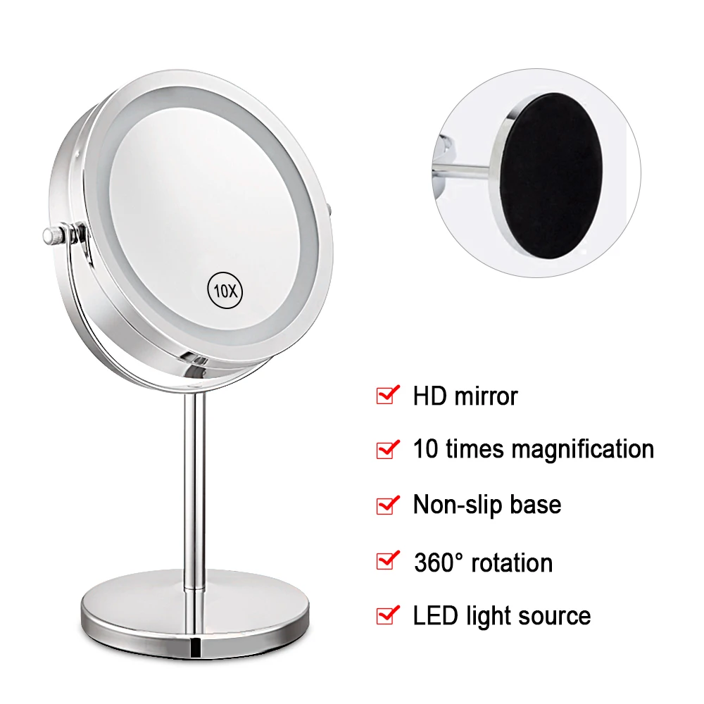 Double Sided 10X Magnifying Brightness Make Up Mirror LED Light HD Cosmetic Makeup Mirror Round Rotary Desk Stand Table Mirrors