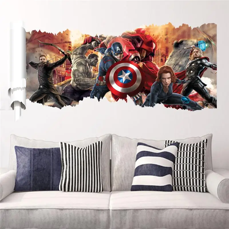 Captain America The Avengers Naklejki ścienne do pokoju dziecięcego Dekoracja domu Diy 3d Broken Hole Mural Art Super Heros Naklejki ścienne