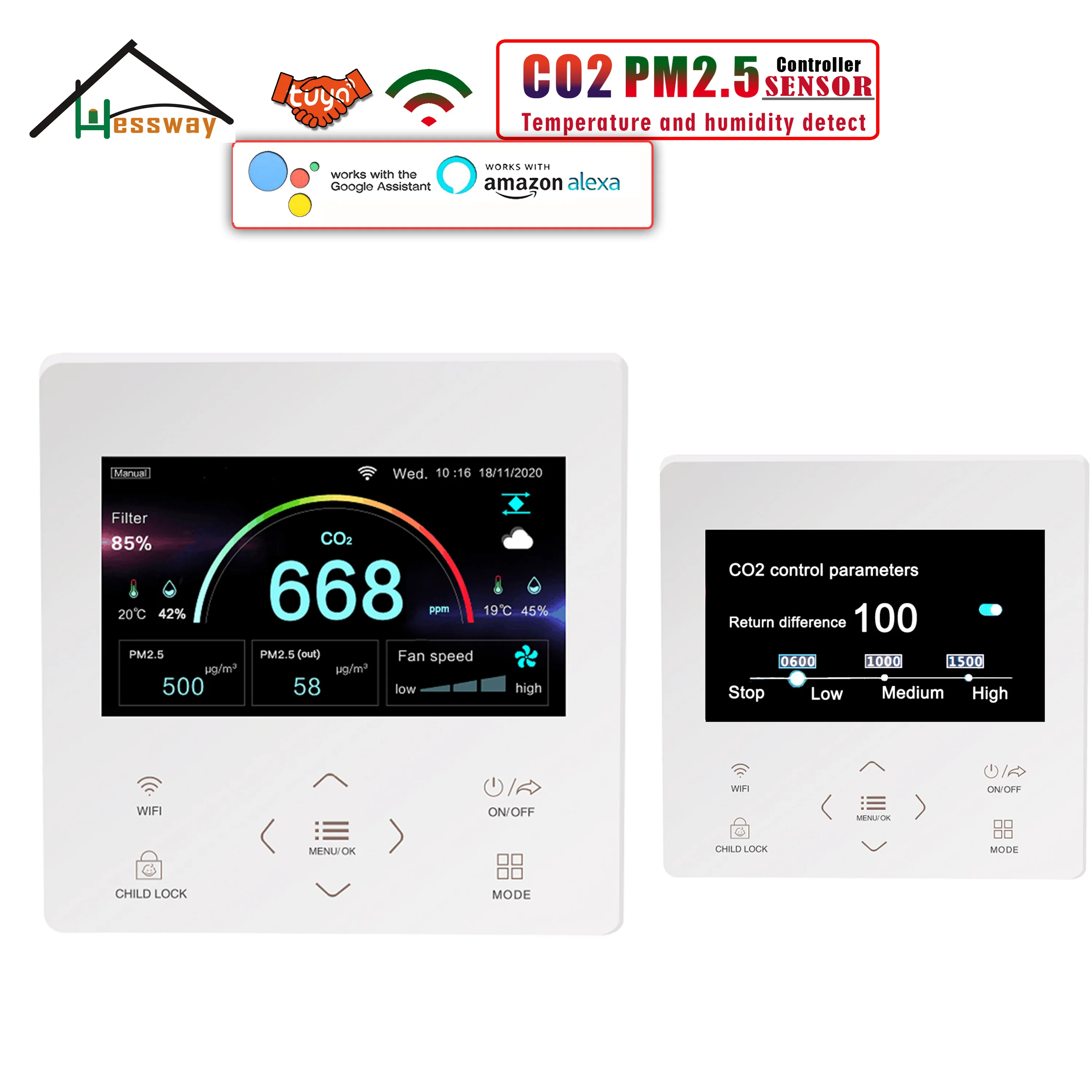 HESSWAY WIFI MODBUS PM2.5&CO2 Sensor Controller for Air Quality Monitor Indoor Outdoor AC/0-10V/PWM Fan Output