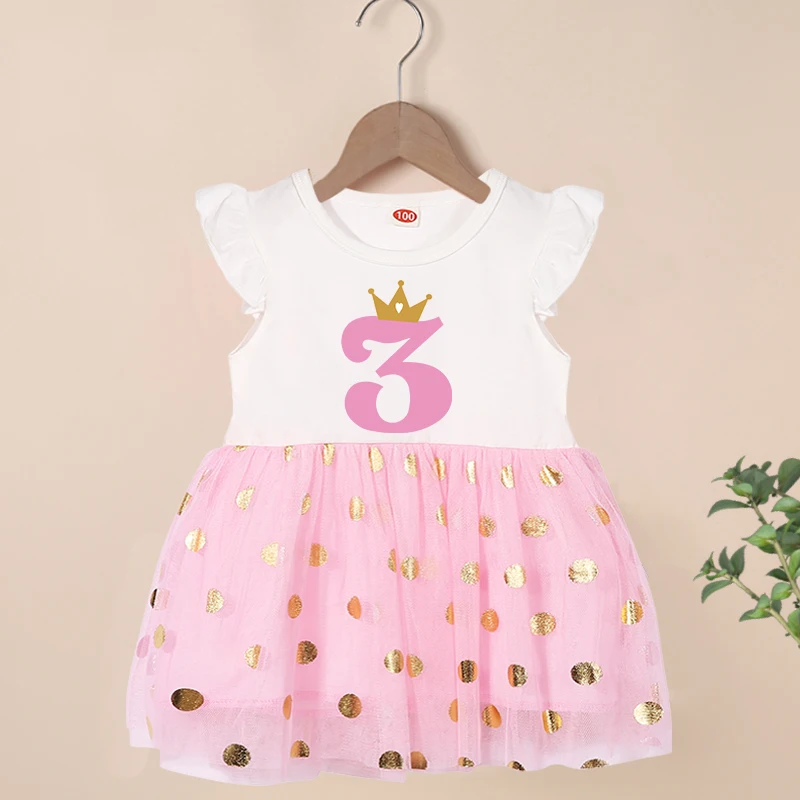 Happy Birthday Print Number 1~6th Girls Flying Sleeve Dresses Cute Kids Party for Girls Princess Dress Tops Baby Girls Clothing