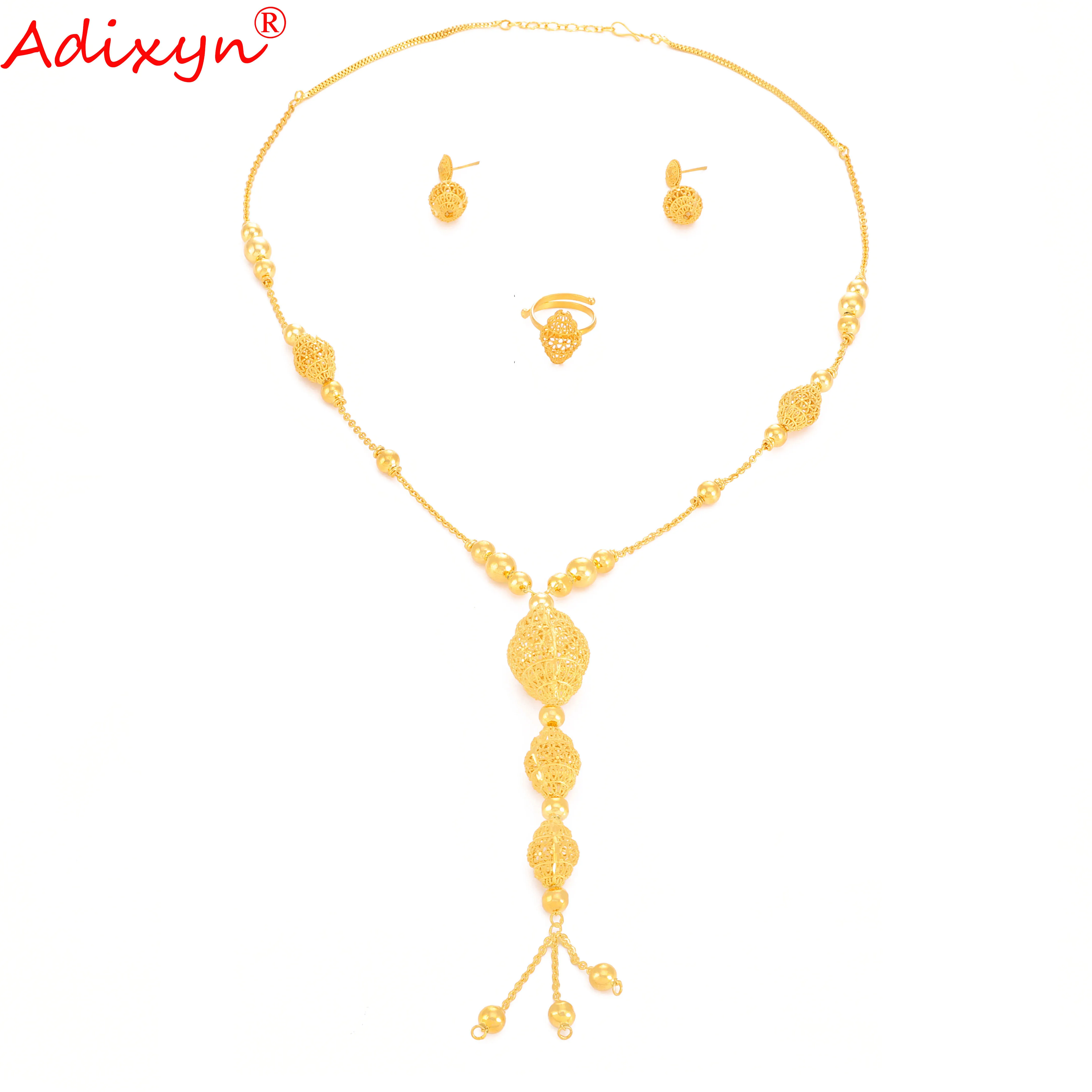 Adixyn Dubai Gold Color Earrings Necklace Ring Set for Women Bridal Africa Indian Jewelry Wedding Gifts