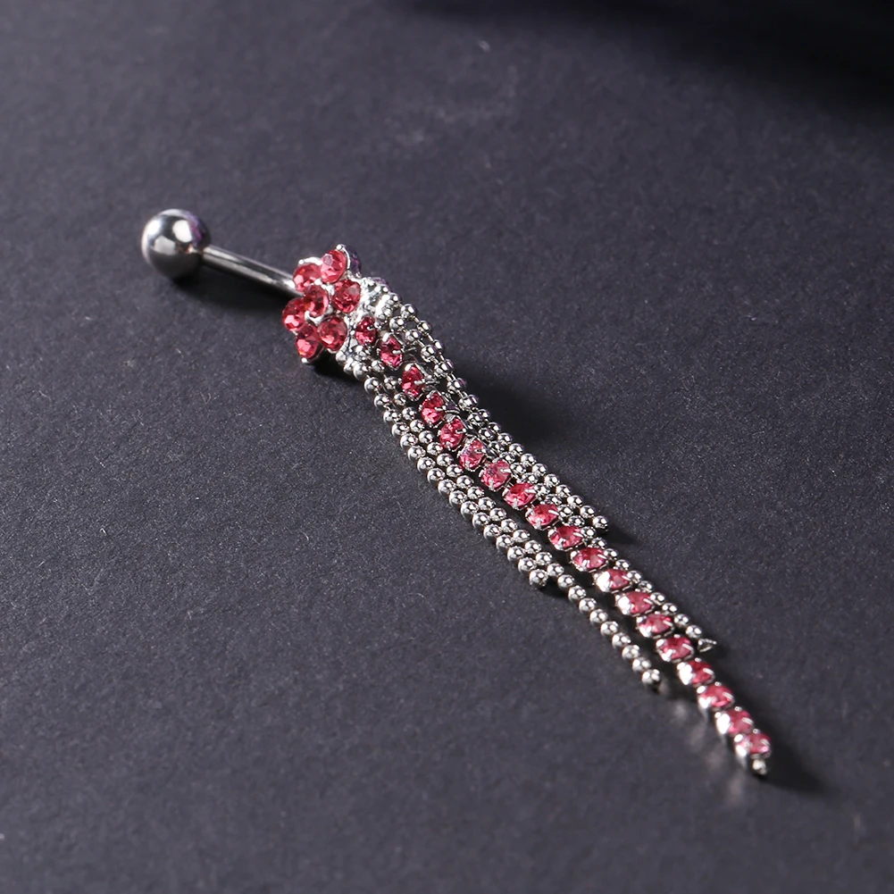 1Pcs Women Rhinestone Flower Beaded Tassels Dangle Body Piercing Navel Belly Ring Rhinestone  Belly Ring Barbell Piercing Belly