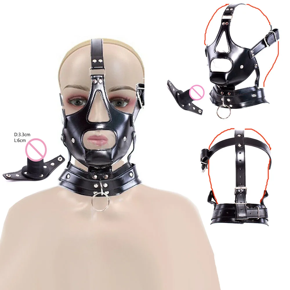 PU Leather Half Face Bondage Hood Mask With Penis Gag,Fetish BDSM Sex Slave Restraint Harness Strap Muzzle Mask SM Women Sex Toy