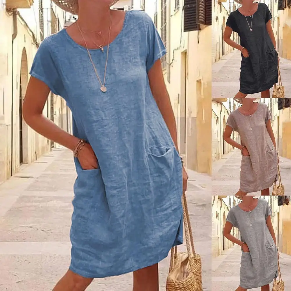 

Plus Size 5XL Women Dress Casual Solid Color Short Sleeve O Neck Pockets Loose Cotton Linen Dress Female Summer robe