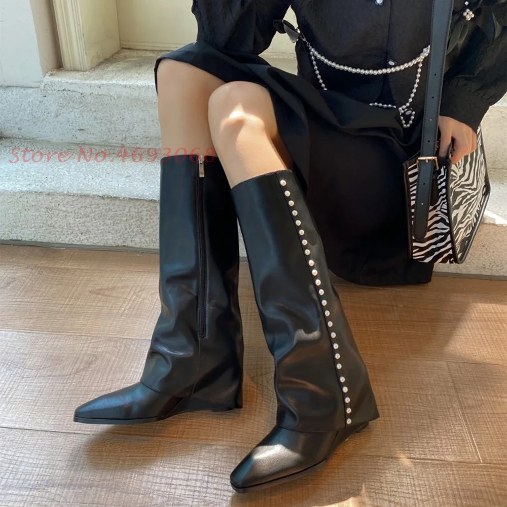 

Wedges Pearl Knee High Boots Funky Women Zipper High Quality Pointed Toe Turned-over Edges Modern Boots Casual British Style