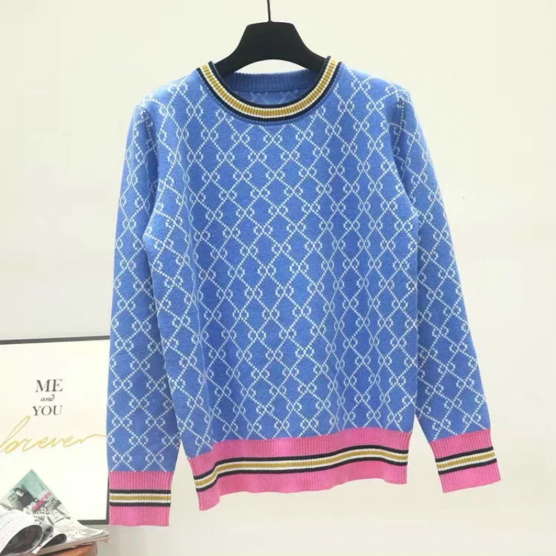 Autumn And Winter New Loose Knit Sweater Korean Style Pullover Round Neck Geometric Clash Jacquard Casual Sweater Jumper