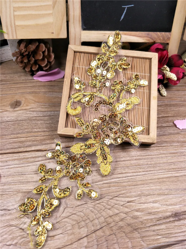 4Pcs Gold Glitter Lace Applique Flower Sequin Lace Fabric For Garment Wedding Accessories Cloth DIY Craft 22.5X9cm