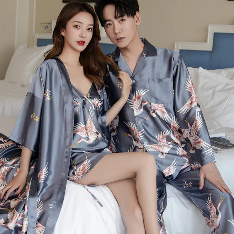 Lovers Ice Silk Men Pajamas 2pcs Fashion Summer Pajamas Set Casual Print Sleepwear Couples Home Clothes Long Sleeve Pyjamas