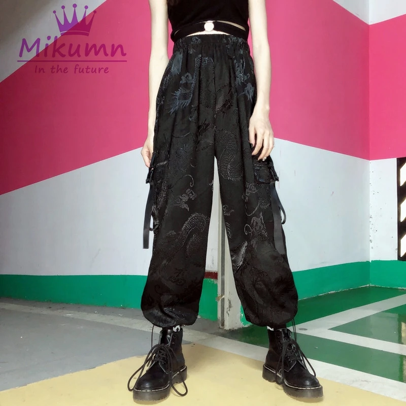 Harajuku Dragon Embroidery Satin Soft Cargo Pants Pocket Elastic High Waist Loose Pant Punk Streetwear Hiphop Men Women Trousers