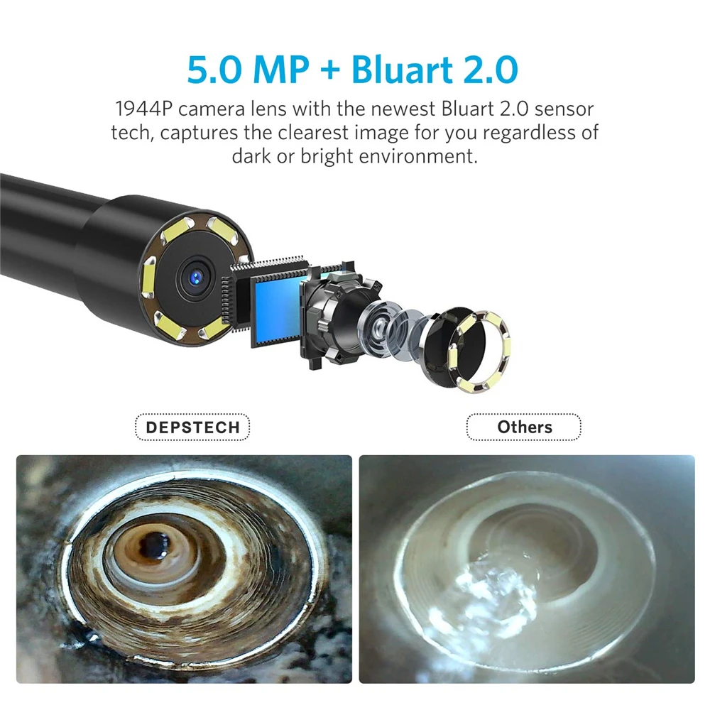 DEPSTECH Dual Lens 2MP / 5MP Wireless Endoscope Wifi Inspection Camera Snake Borescope Tube for Underwater Vent Pipe Car Repair