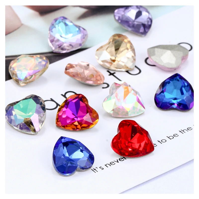 8/10/12/14mm Heart Rhinestone Jewelry Gemstones Plated K9 Glass Crystal Sapphire Stone Nail Art Sticker Strass Heart Charms