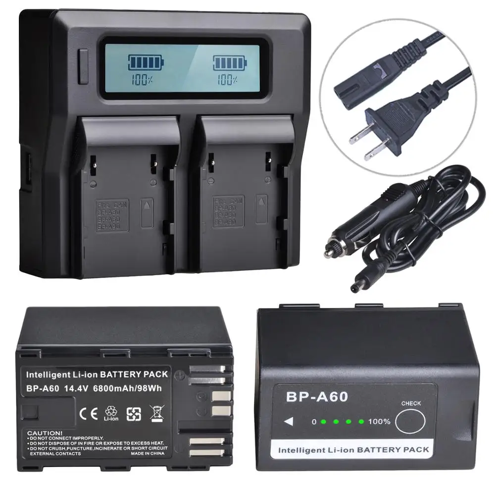 Batmax 6800mAh BP-A60 BP A60 Camera Battery +LCD Fast Dual Charger for Canon CA-CP200L EOS C200,C200 PL,C200B,C300 Mark II,XF705