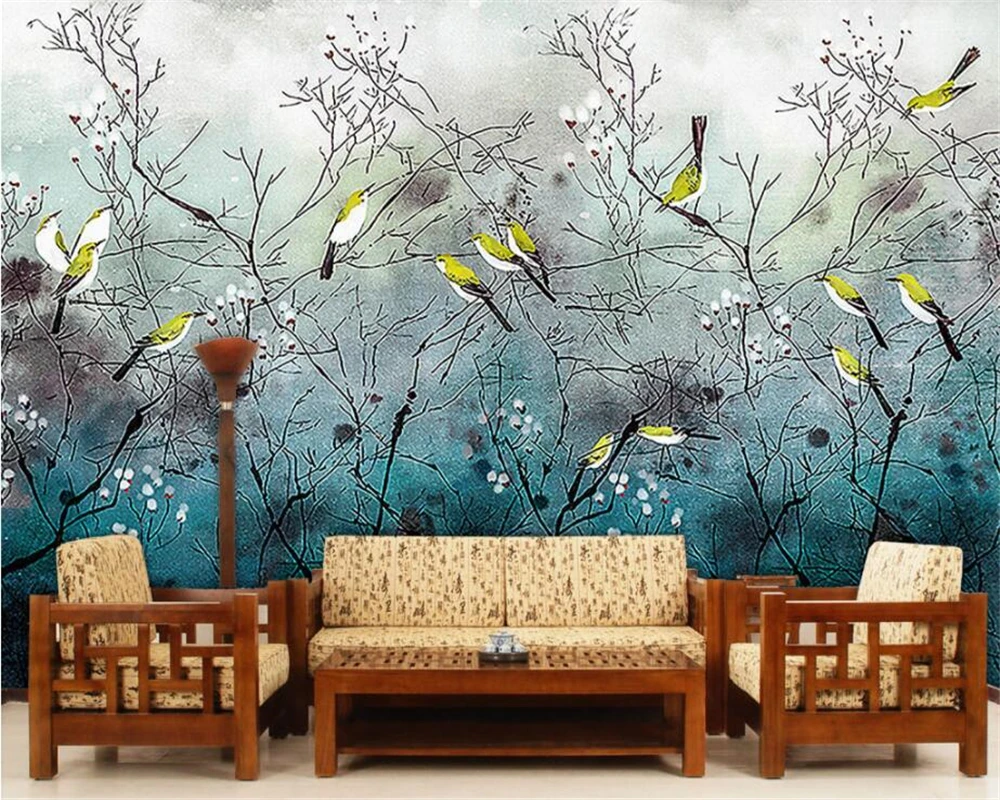 

wellyu Custom Wallpaper Hand Painted Birds Nostalgic Retro Chinese Classical Background Wall Living Room Sofa TV mural photo