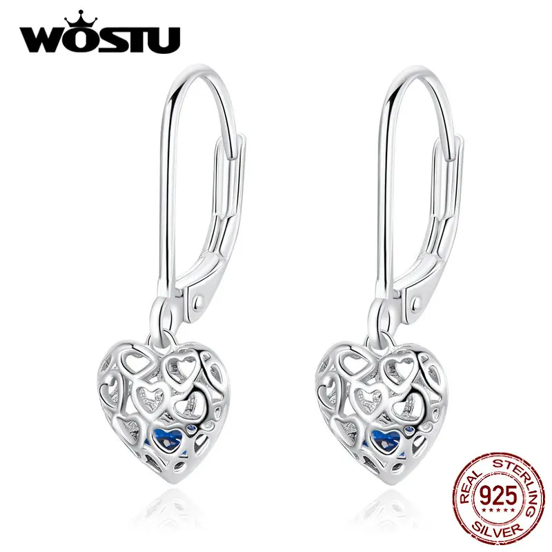 WOSTU New Arrival 925 Sterling Silver Openwork Heart Drop Earrings For Women Wedding Luxury Earrings Jewelry Gifts CQE746