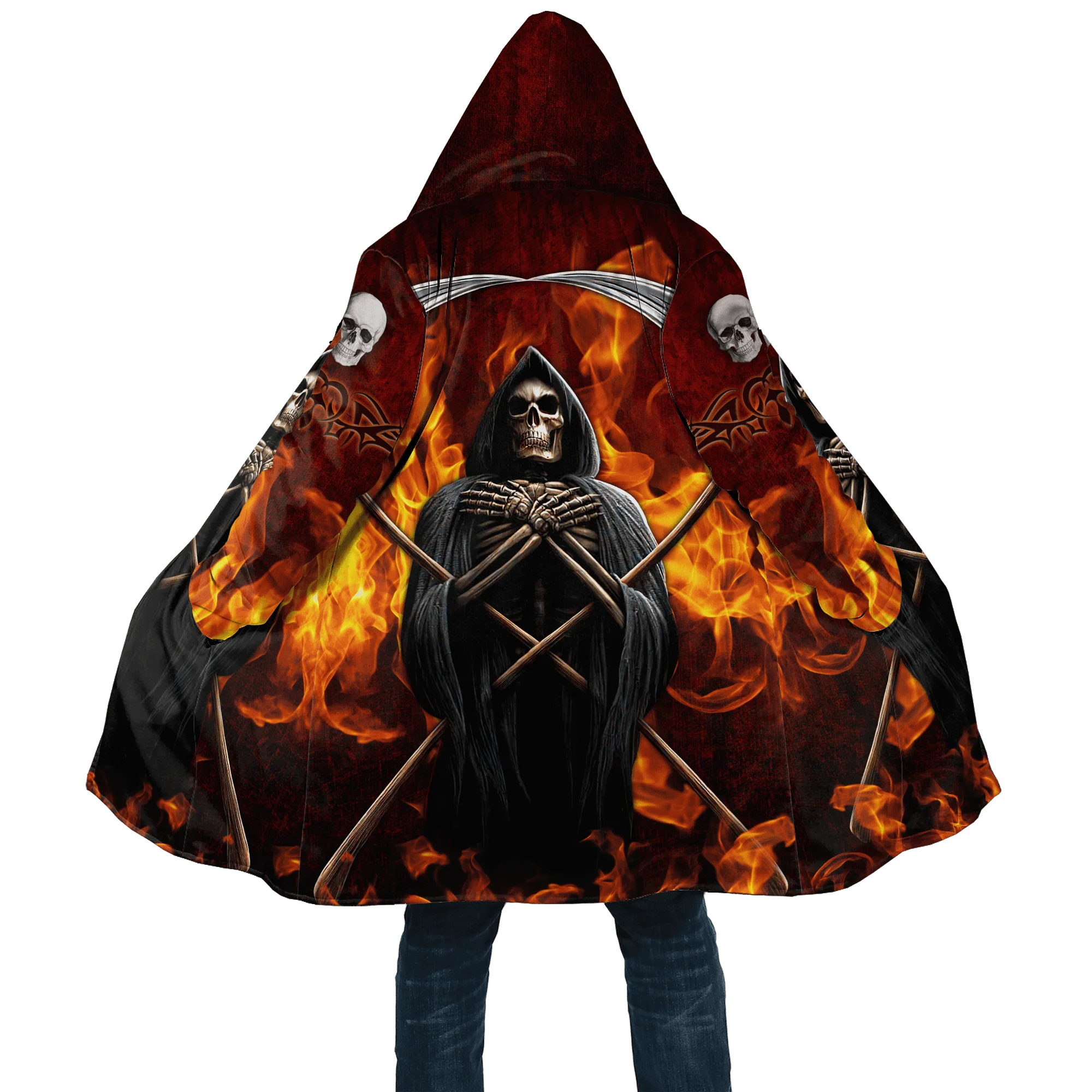 2021 Winter Mens Cloak Fire Reaper Skull Tattoo 3D full Printing Fleece Hooded Coat Unisex Casual Thick Warm Cape coat PF49