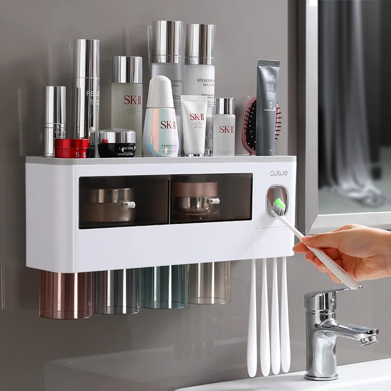 

Wall-Mounted Household Bathroom Multifunctional Automatic Toothpaste Dispenser Toothbrush Holder Magnetic Mouthwash Cup Rack