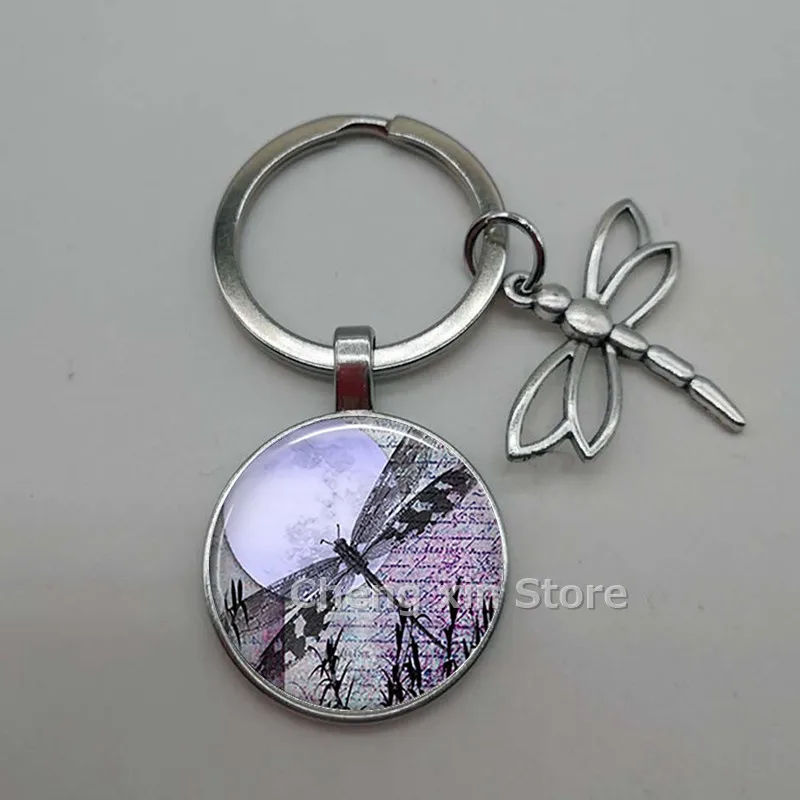 Rodada Vidro Keychain com Libélula Charme, Convex Charme, Animal Chaveiro, Acessórios do carro, 1