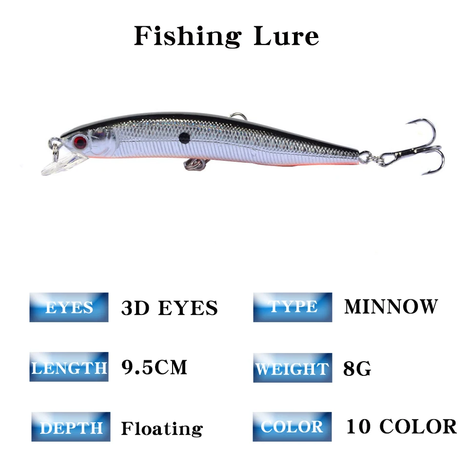 1 pz Minnow Fishing Lure 95mm 8g Floating Hard Bait Wobbler Jig Bait Crankbait Carp Striped bass Pesca attrezzatura da Pesca SwimBait