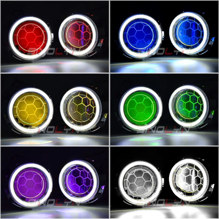 Sinolyn Bi Xenon Headlight Lenses 2.5 Angel Eyes Honeycomb For H4/H7 Car Headlight With LED Devil Eyes DRL Tuning H1 WST Lens