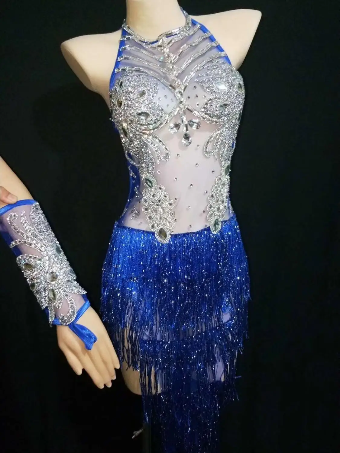 Vrouwen Sexy See-through Steentjes Blauw Kwastje Bodysuit Met Handschoen Vrouwen Nachtclub Kostuum Bar DJ Zanger Danser Stadium Slijtage