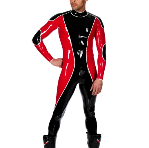 

Fetish 100%Gummi Latex Rot&Schwarz Catsuit Party Anzug Suit Tight 0.4mm Zipper S-XXL