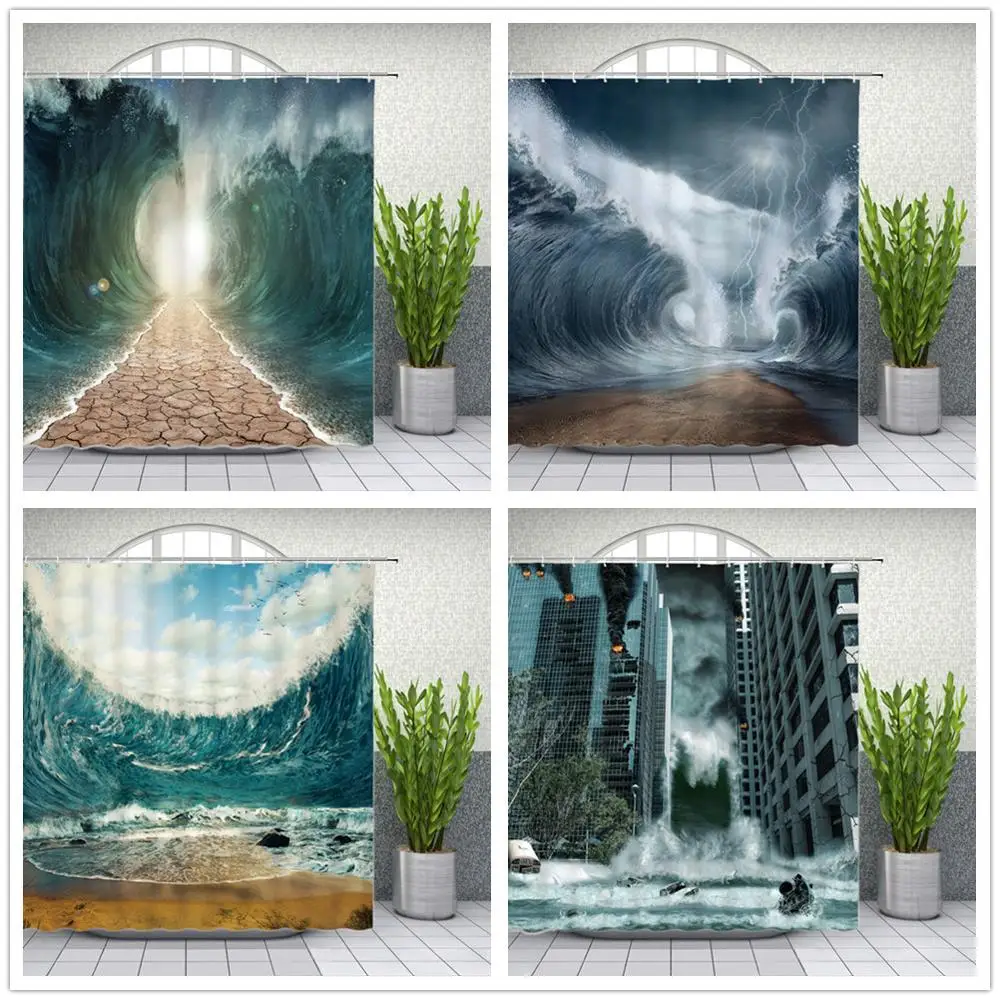 Waves Shower Curtains Disaster Landscape Huge Waves Seawater Bathroom Decor Home Bathtub Waterproof Polyester Curtain Set Cheap