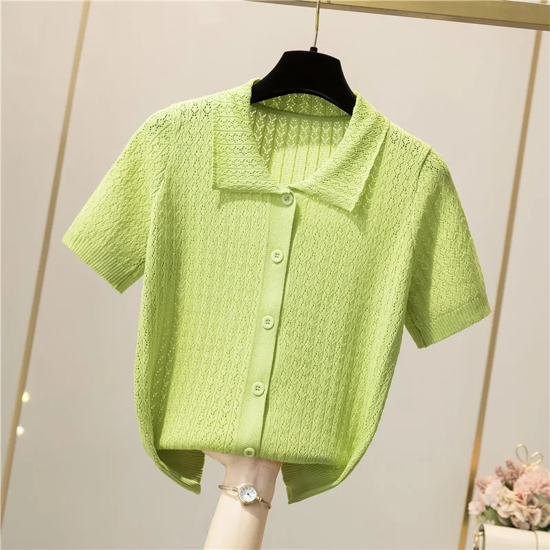 Knitting Women\'s Ribbed Button Up Polo Shirt Female Chic Solid Short Sleeve Green Top Hollow Out Tees Purple Clothing