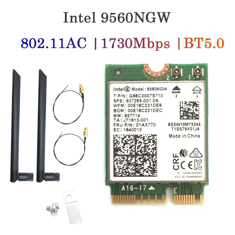 

1733Mbps 9560 Dual Band Wireless AC Bluetooth 5.0 802.11ac M.2 CNVI 9560NGW 9560AC Wifi Card With Antenna Set