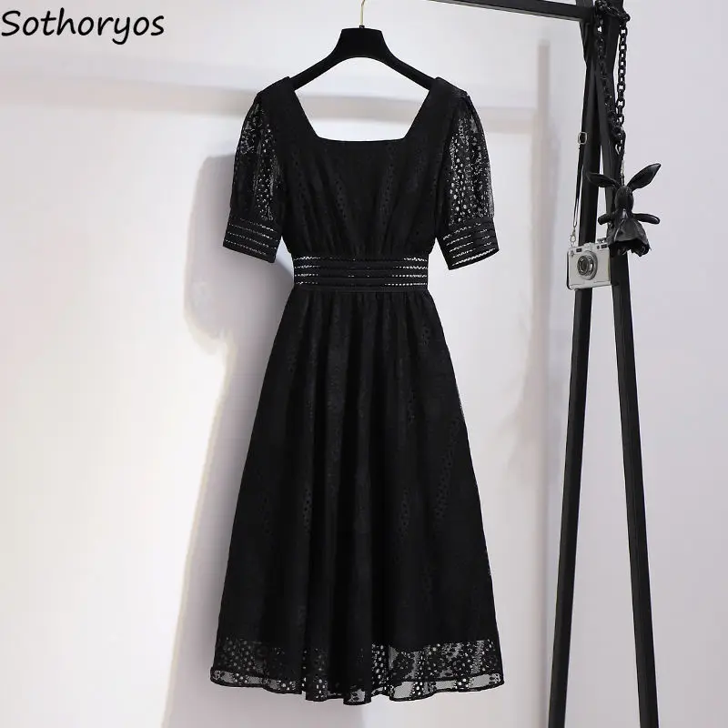 Kleider Frauen Kurzarm Quadrat Kragen Schwarz Weiß Sommer Casual Aushöhlen Elegante Weibliche Koreanische Stil Hohe Taille Kleid Mujer