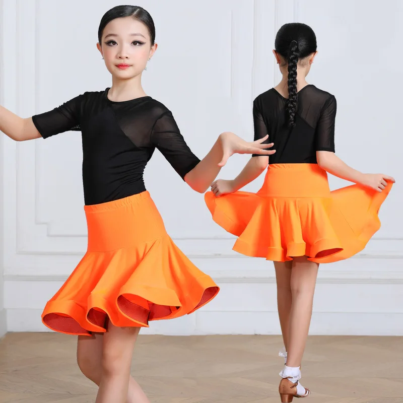 Children Latin Dance Costumes Girls Latin Skirt 2-piece Set Milk Silk Tops Professional Competition Stage Performing Dancewear